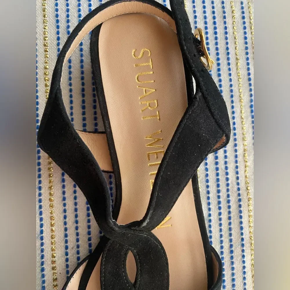 Stuart Weitzman Shalena Black Suede Strappy Sandal Buckle Sz  4 NEW